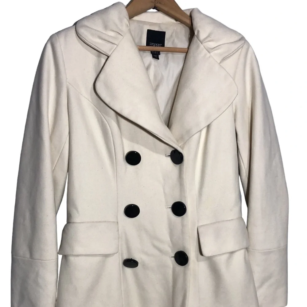 ESPRIT | Vintage Ivory Wool Blend Double Breasted Pleated Notched Collar Coat M